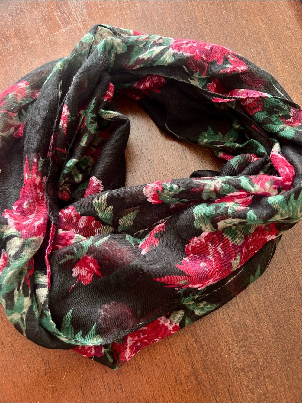 Black Floral Infinity Scarf with Pink & Green Accents